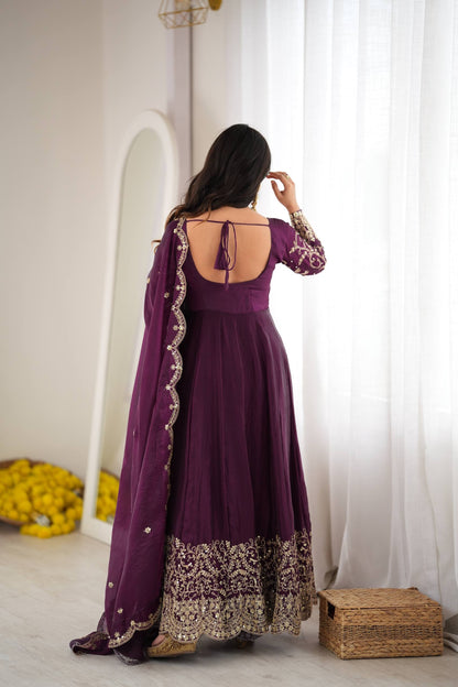 Designer Fendy Silk Embroidery Coding & Sequence Work Purple Gown, Pant & Dupatta Set