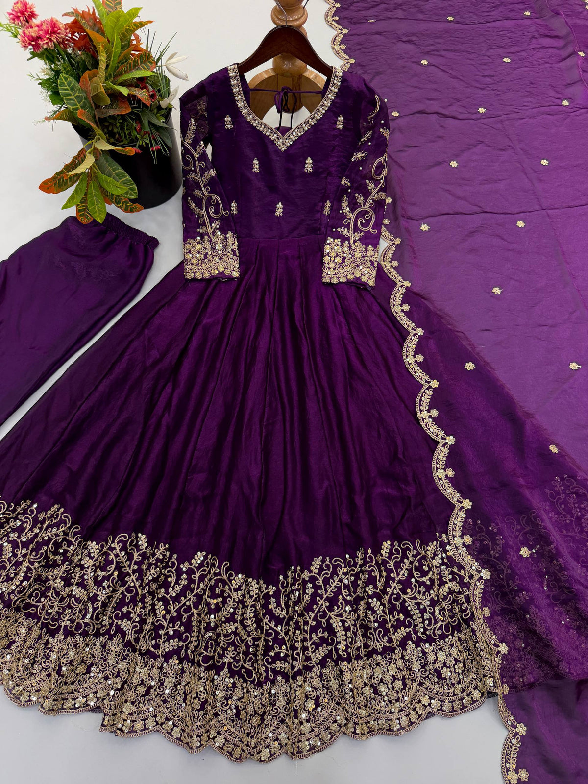 Designer Fendy Silk Embroidery Coding & Sequence Work Purple Gown, Pant & Dupatta Set