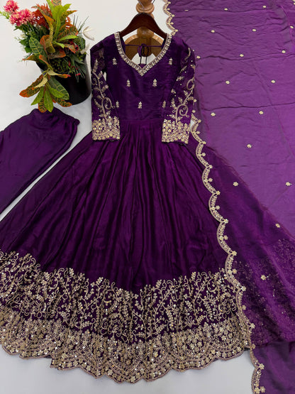 Designer Fendy Silk Embroidery Coding & Sequence Work Purple Gown, Pant & Dupatta Set