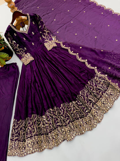 Designer Fendy Silk Embroidery Coding & Sequence Work Purple Gown, Pant & Dupatta Set