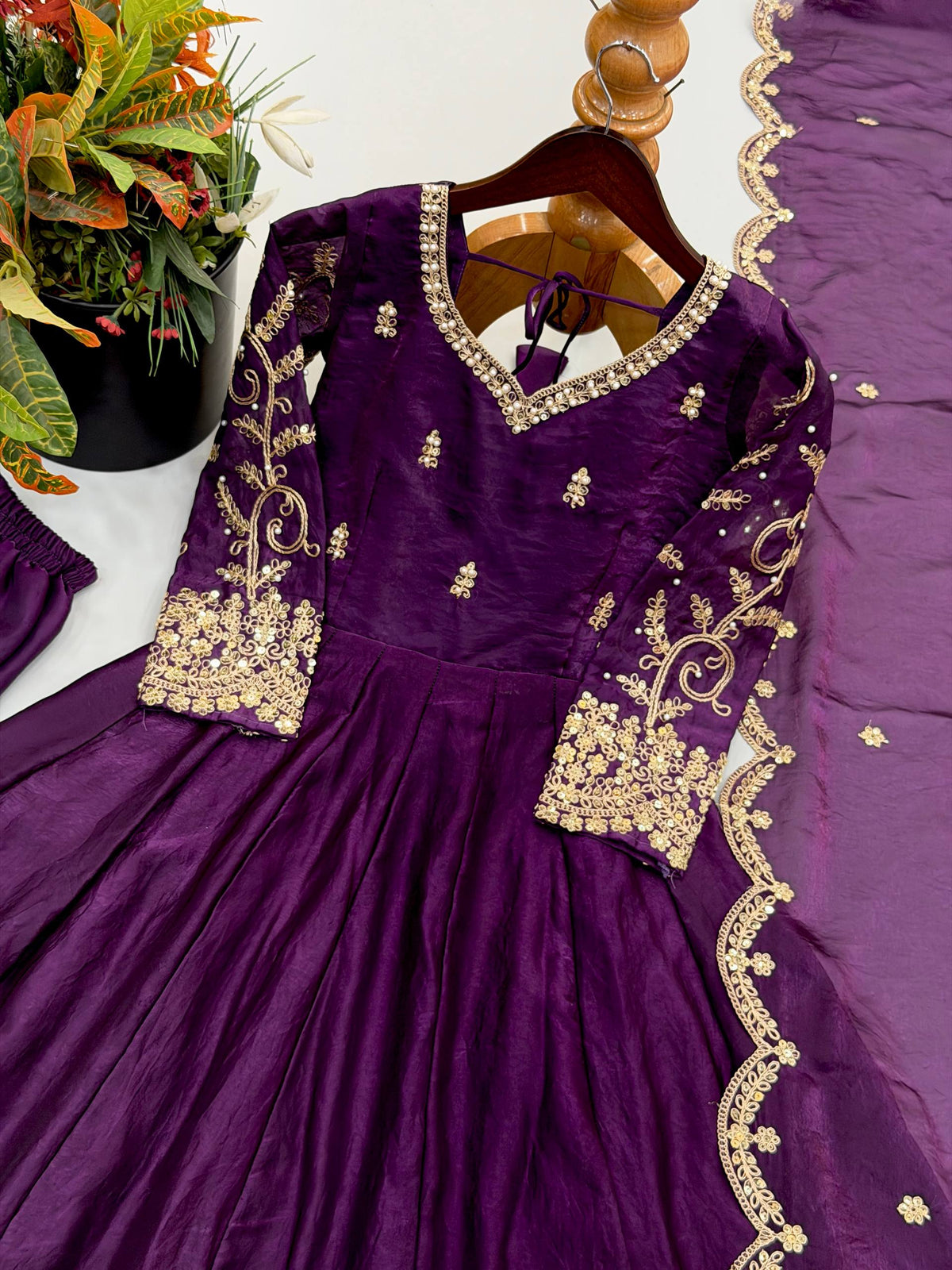 Designer Fendy Silk Embroidery Coding & Sequence Work Purple Gown, Pant & Dupatta Set