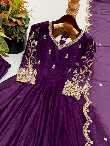 Designer Fendy Silk Embroidery Coding & Sequence Work Purple Gown, Pant & Dupatta Set