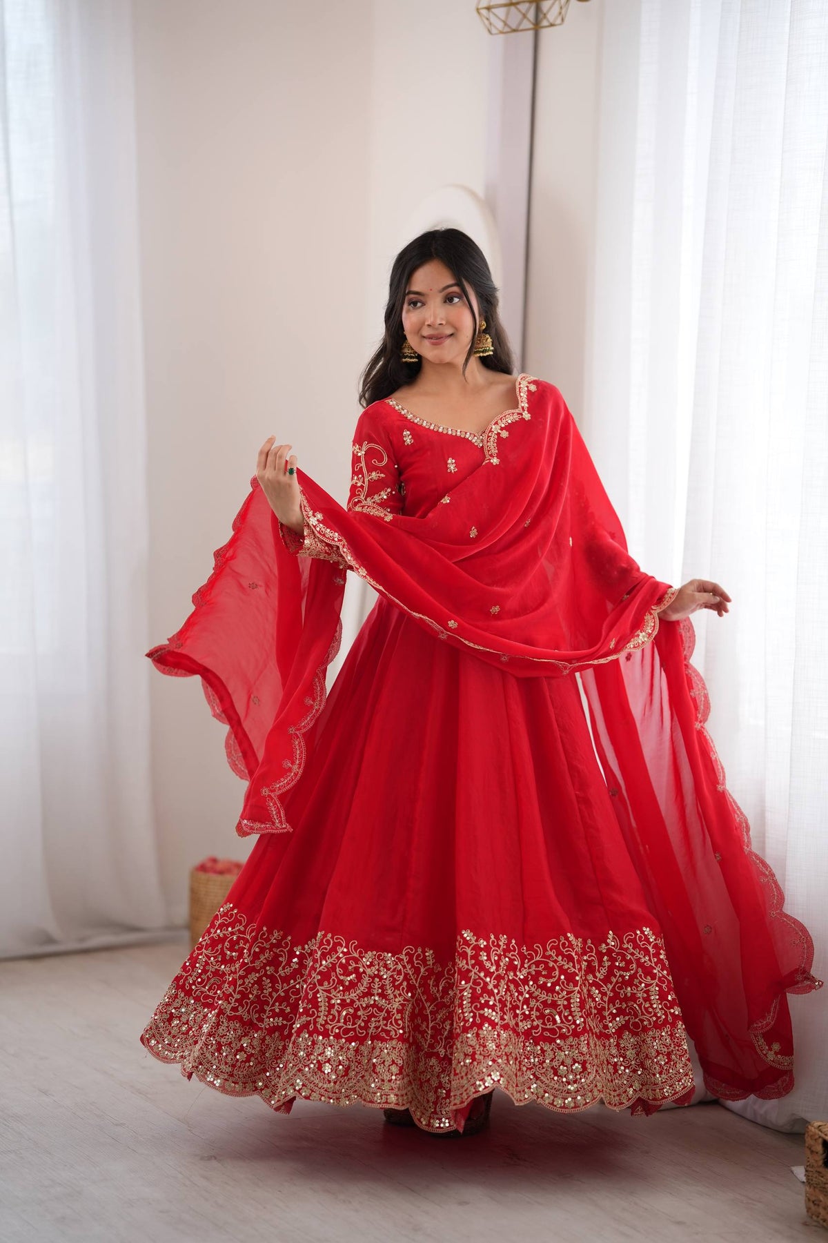 Designer Fendy Silk Embroidery Coding & Sequence Work Red Gown, Pant & Dupatta Set (Copy)