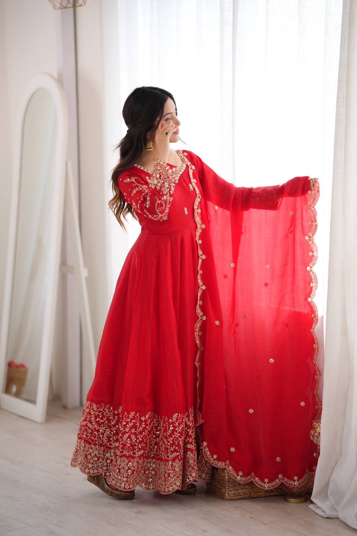 Designer Fendy Silk Embroidery Coding & Sequence Work Red Gown, Pant & Dupatta Set (Copy)