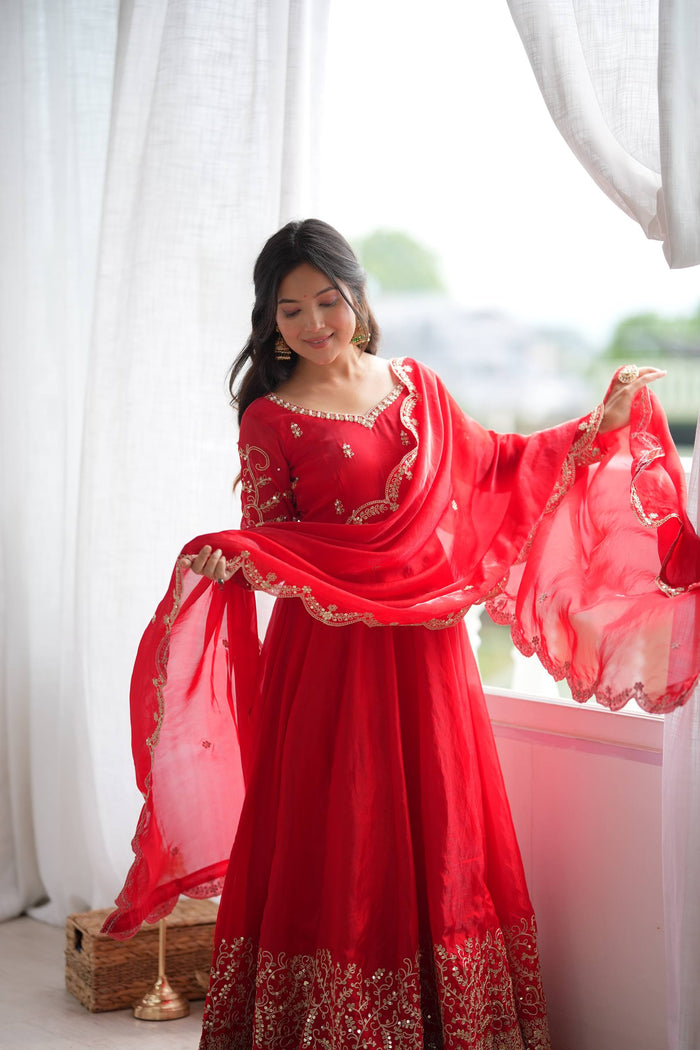 Designer Fendy Silk Embroidery Coding & Sequence Work Red Gown, Pant & Dupatta Set (Copy)