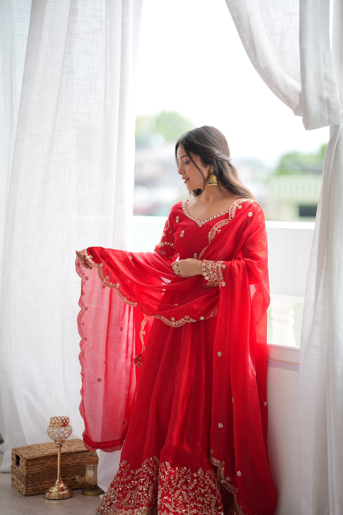 Designer Fendy Silk Embroidery Coding & Sequence Work Red Gown, Pant & Dupatta Set (Copy)
