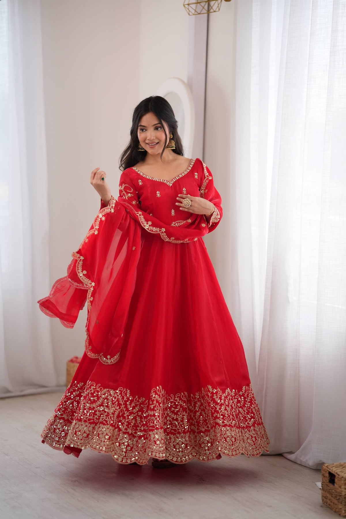 Designer Fendy Silk Embroidery Coding & Sequence Work Red Gown, Pant & Dupatta Set (Copy)