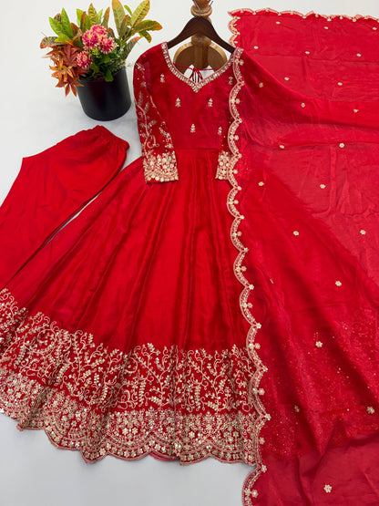 Designer Fendy Silk Embroidery Coding & Sequence Work Red Gown, Pant & Dupatta Set (Copy)