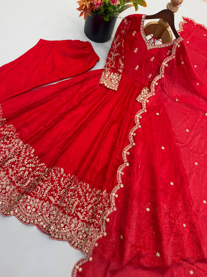 Designer Fendy Silk Embroidery Coding & Sequence Work Red Gown, Pant & Dupatta Set (Copy)