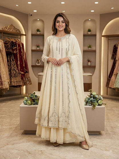 Women's White Georgette Sequence Embroidery & Real Mirror Work 3-Piece Gown Set