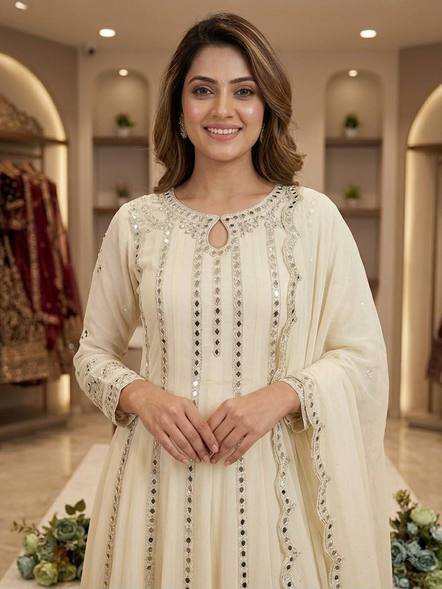 Women's White Georgette Sequence Embroidery & Real Mirror Work 3-Piece Gown Set