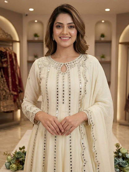 Women's White Georgette Sequence Embroidery & Real Mirror Work 3-Piece Gown Set