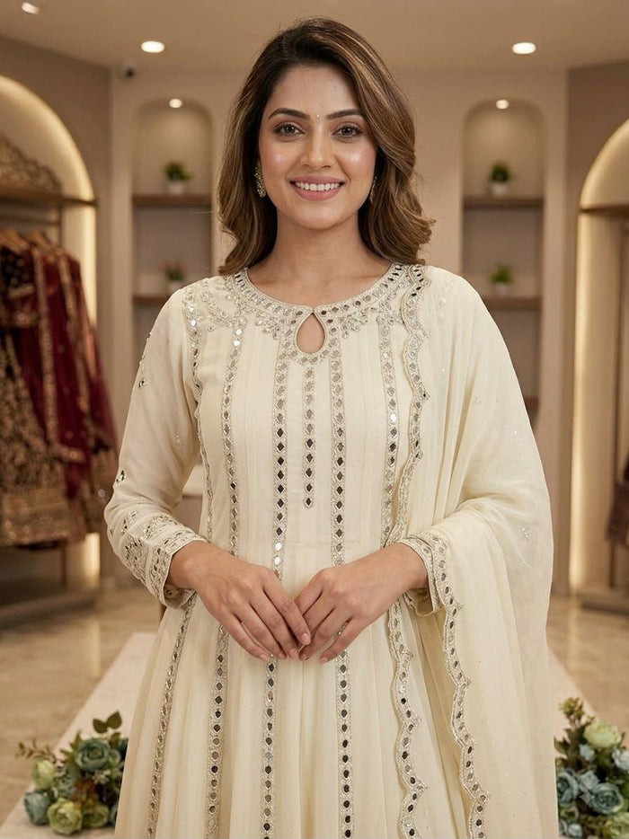 Women's White Georgette Sequence Embroidery & Real Mirror Work 3-Piece Gown Set