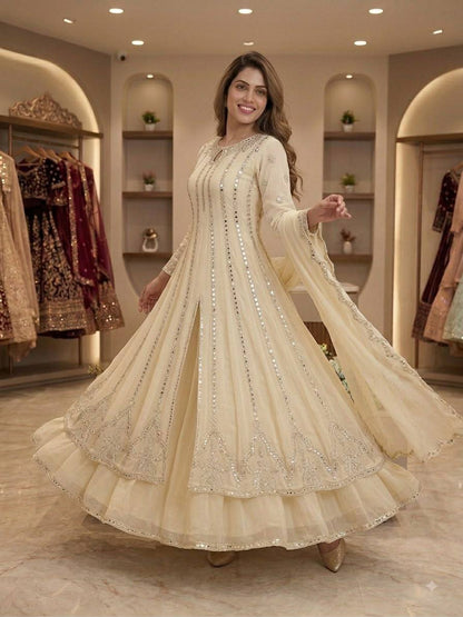 Women's White Georgette Sequence Embroidery & Real Mirror Work 3-Piece Gown Set