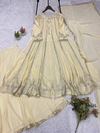 Women's White Georgette Sequence Embroidery & Real Mirror Work 3-Piece Gown Set