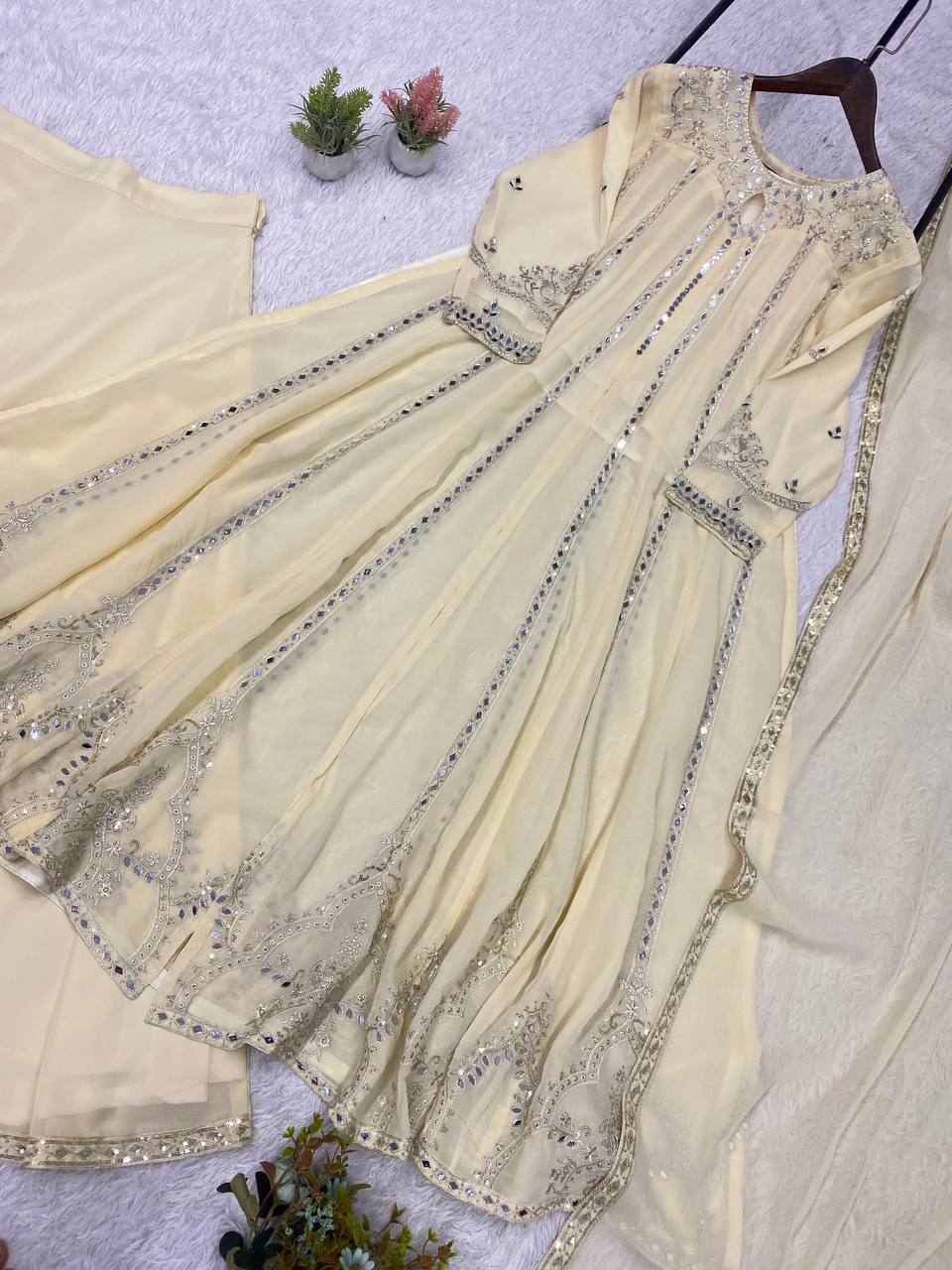 Women's White Georgette Sequence Embroidery & Real Mirror Work 3-Piece Gown Set