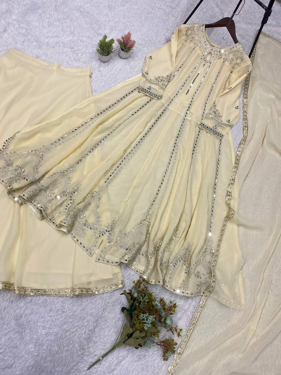 Women's White Georgette Sequence Embroidery & Real Mirror Work 3-Piece Gown Set