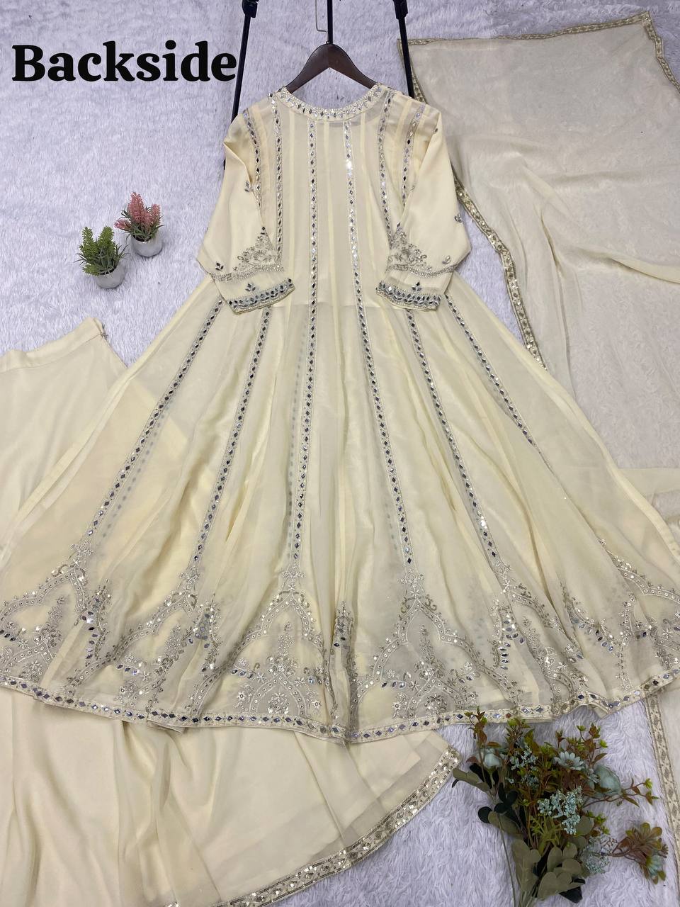 Women's White Georgette Sequence Embroidery & Real Mirror Work 3-Piece Gown Set