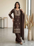 Embroidered Brown Rayon Kurta Salwar Set with Dupatta | Festive Party Wear