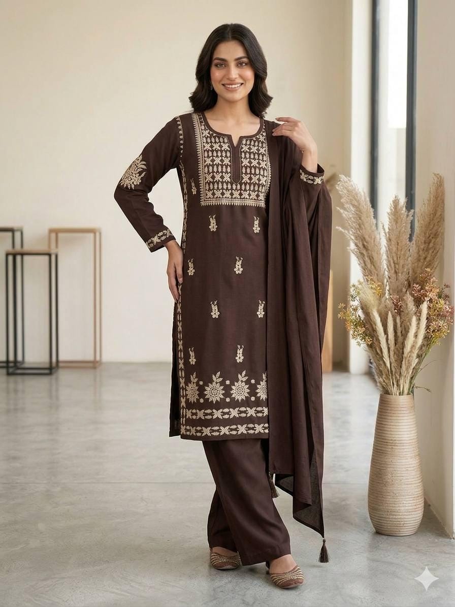Embroidered Brown Rayon Kurta Salwar Set with Dupatta | Festive Party Wear