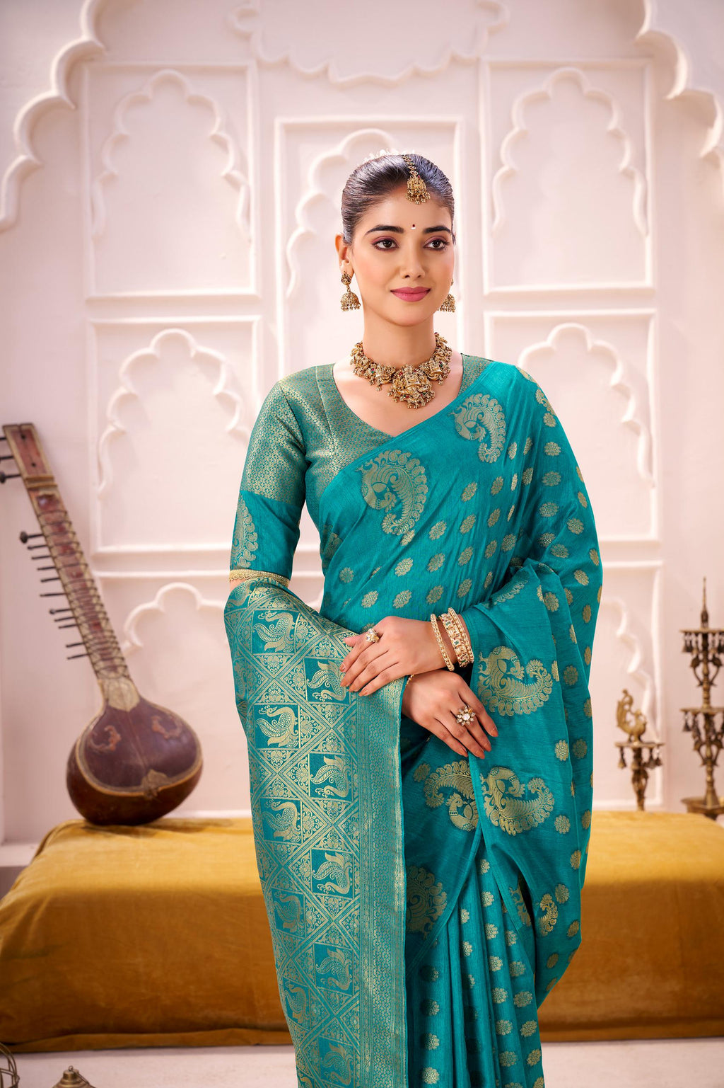 Firozi Green Pure Lichi Silk Saree — South Indian Style