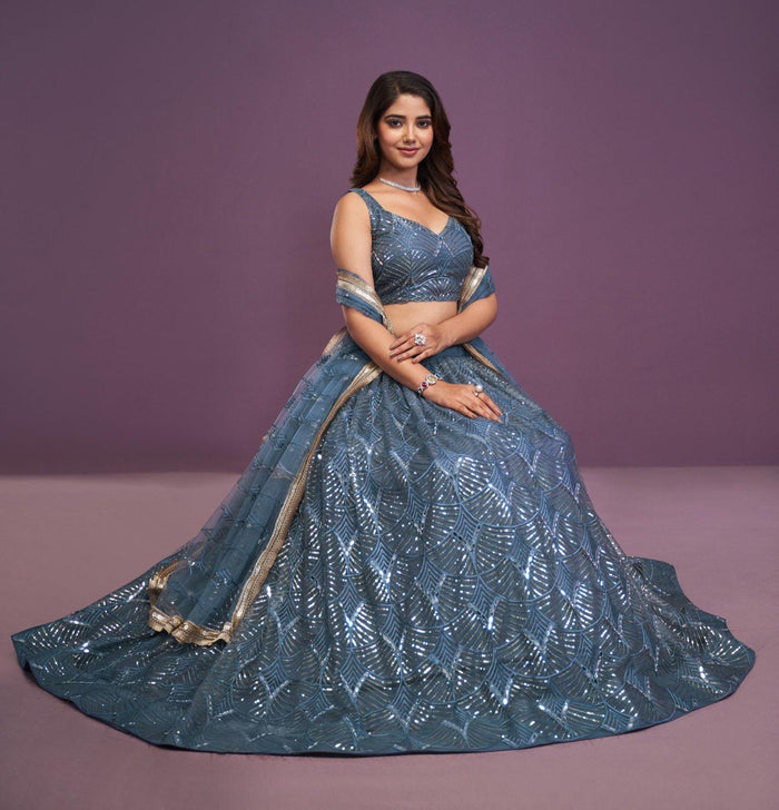 Blue Net Lehenga Choli Set: Real Mirror & Sequence Work Wedding Wear