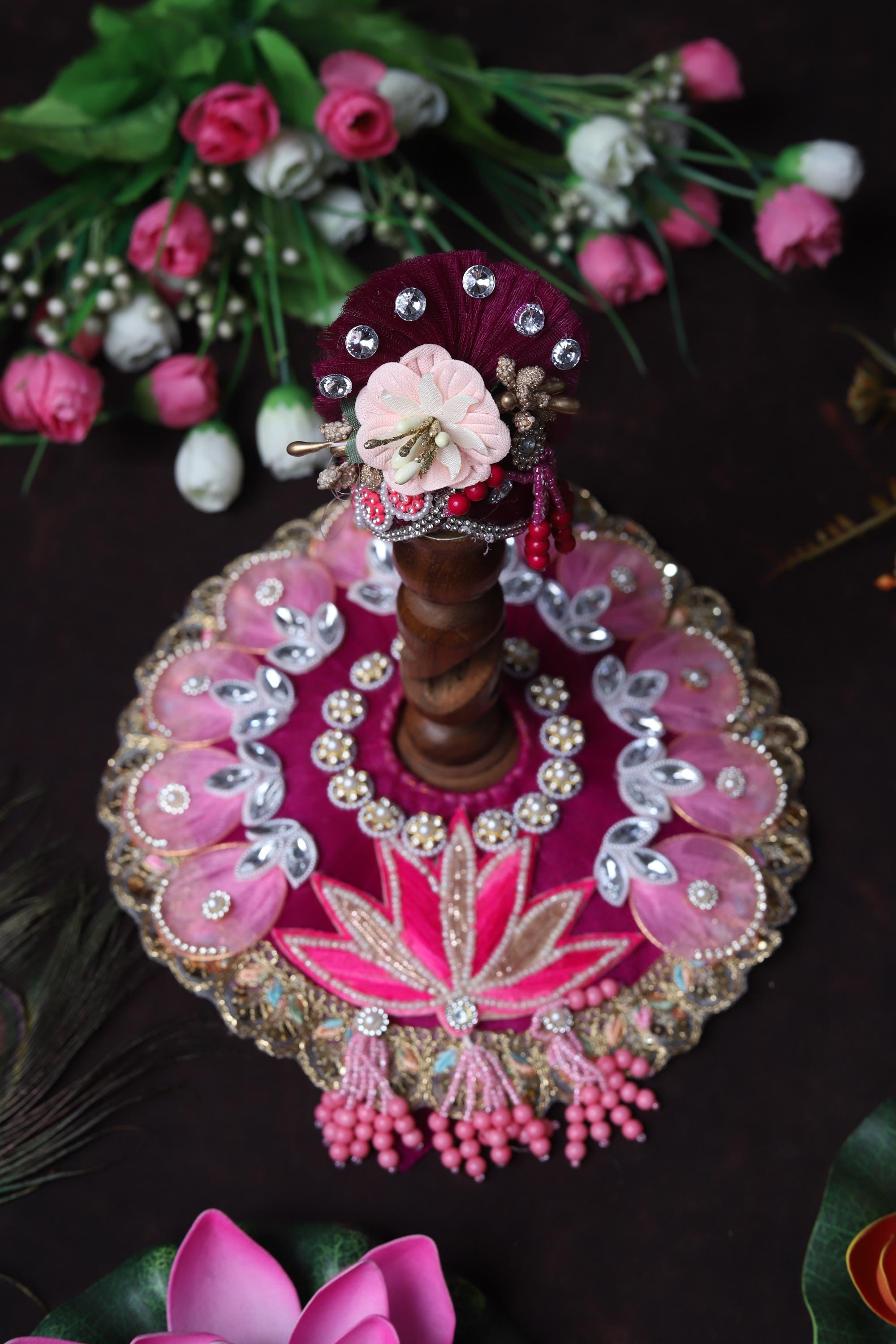 Exquisite Handcrafted Pink Lotus Deity Dress | Royal Magenta Laddu Gopal Poshak with Pearl & Sequin Border | Janmashtami Shringar
