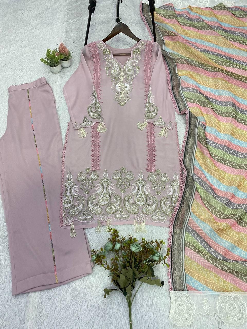 Baby Pink Star Georgette Top Palazzo Set | Sequence Embroidery, Printed Organza Dupatta