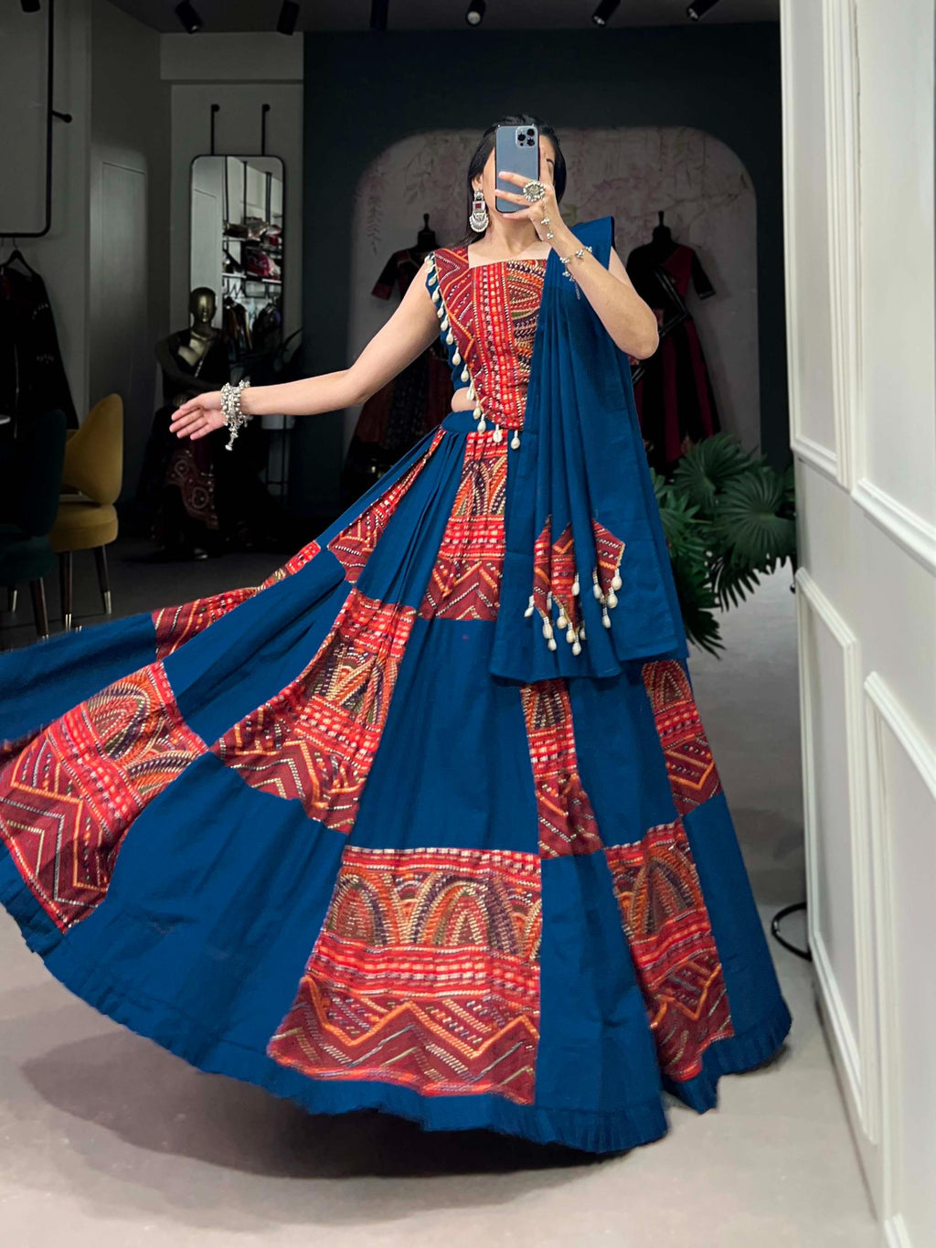 Pure Cotton Blue Lehenga Choli Set: Foil Work, Cowrie Lace Embellishments