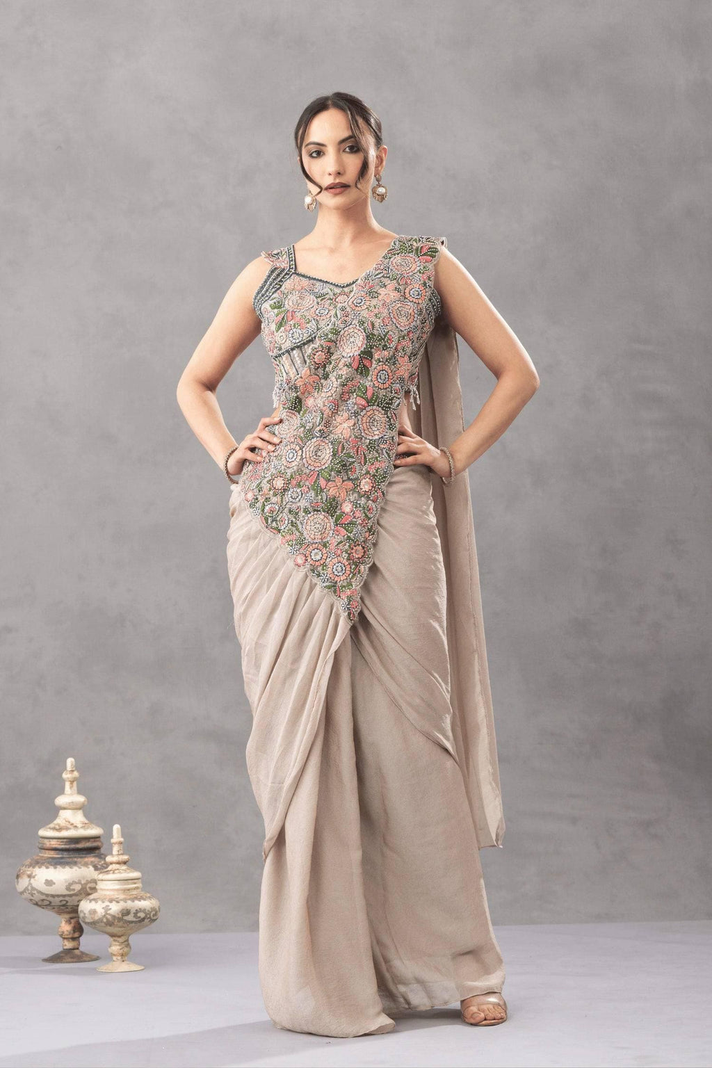 Ready-to-Wear White Chinon Silk Saree with Sequin Work