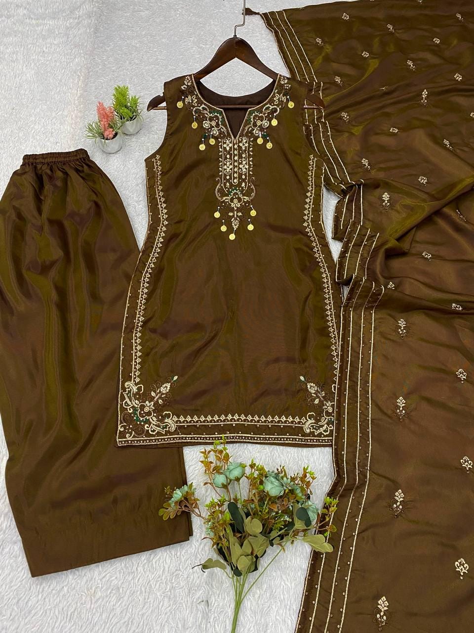 Dark Olive Cose Moss Salwar Suit | Sequence Embroidery, Bead-Coins Tassels