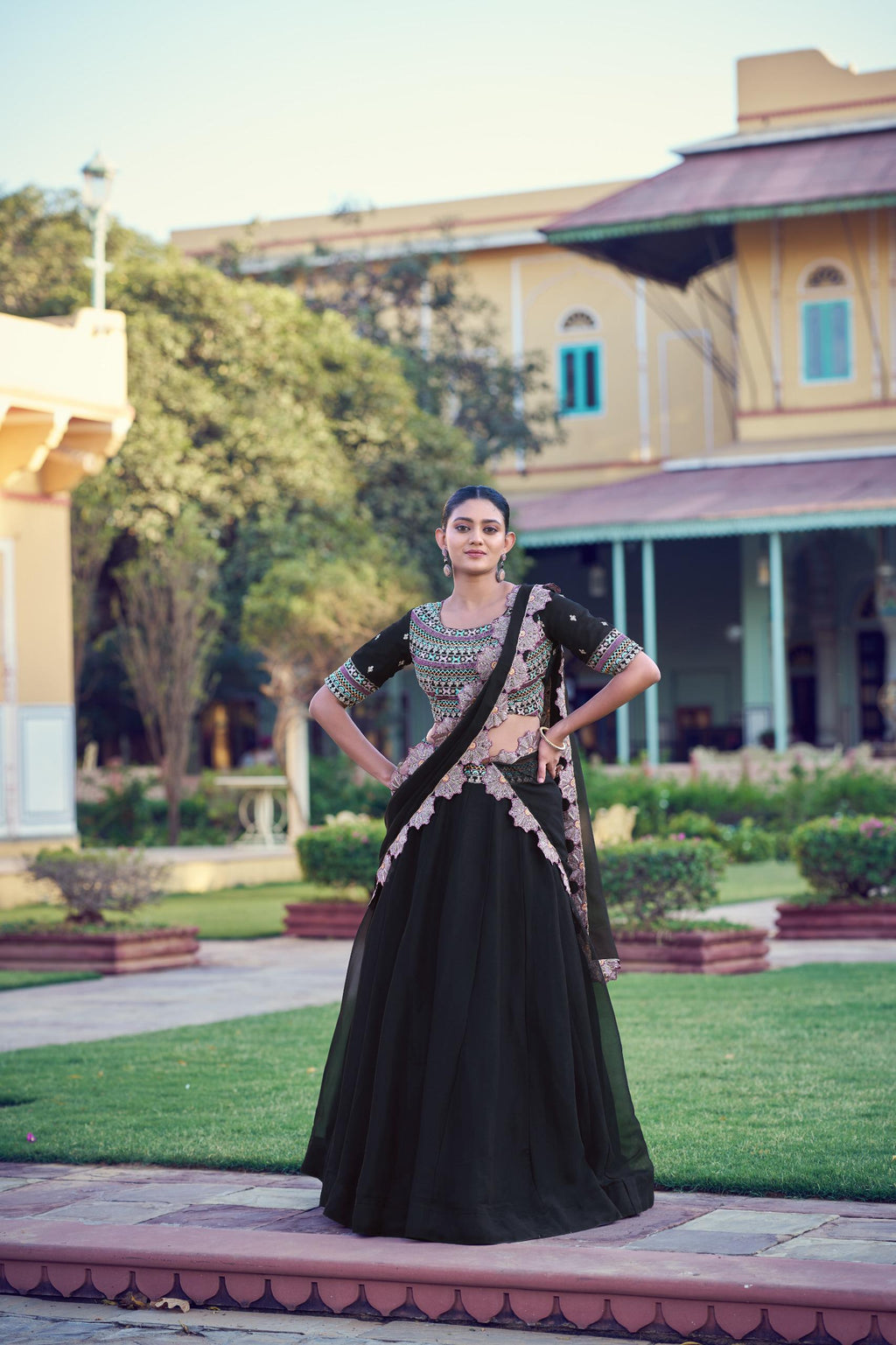 Black Georgette Lehenga Choli Set, Thread Sequins Embroidery, Floral Dupatta