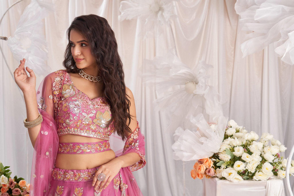Baby Pink Embroidered Fandy Silk Lehenga Choli Set, Wedding Wear Dupatta
