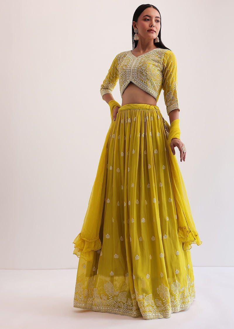 Designer Indian Wedding Lehenga Choli Dupatta: Mustard Yellow Georgette Embroidery Sequins (Made To Order)