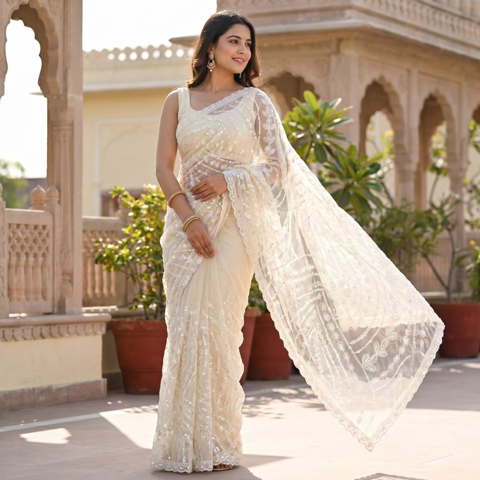 White & Black Soft Net Saree with Beadwork & Cutwork Border