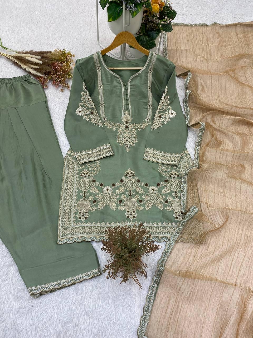 Designer Sage Green Glass Satin Kurta Set with Dupatta | Embroidered Indian Wedding Party Wear
