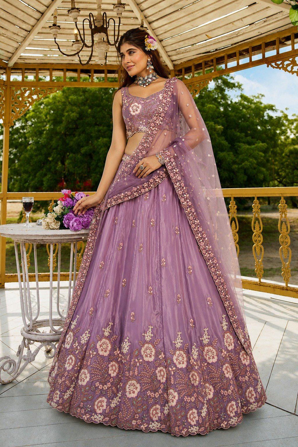 Dusty Purple Embroidered Lehenga Choli Set, French Crepe Dupatta, Wedding Wear