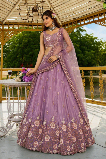 Dusty Purple Embroidered Lehenga Choli Set, French Crepe Dupatta, Wedding Wear
