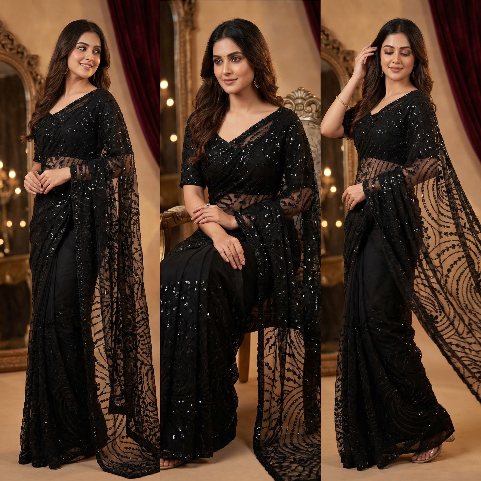 White & Black Soft Net Saree with Beadwork & Cutwork Border