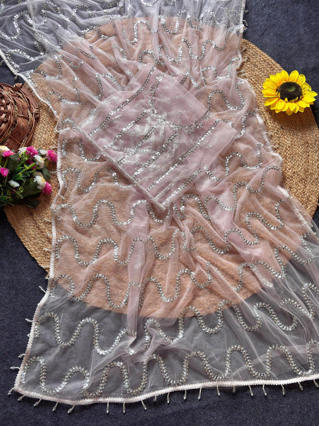 White Soft Net Saree with Beadwork & Cutwork Border