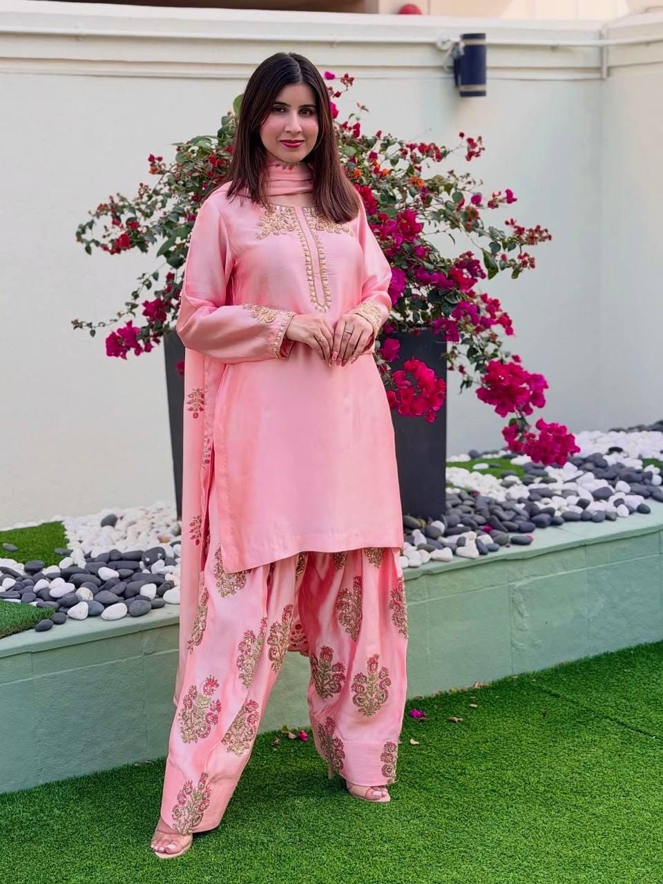 Pink Crepe Silk Suit Set, Heavy Embroidery Party Outfit, Ready Wear Indian Dress