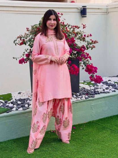 Pink Crepe Silk Suit Set, Heavy Embroidery Party Outfit, Ready Wear Indian Dress