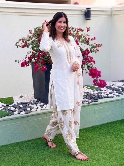 White Crepe Silk Salwar Kameez, Sequence Embroidery, Ready-to-Wear Indian Outfit, Farshi Pant