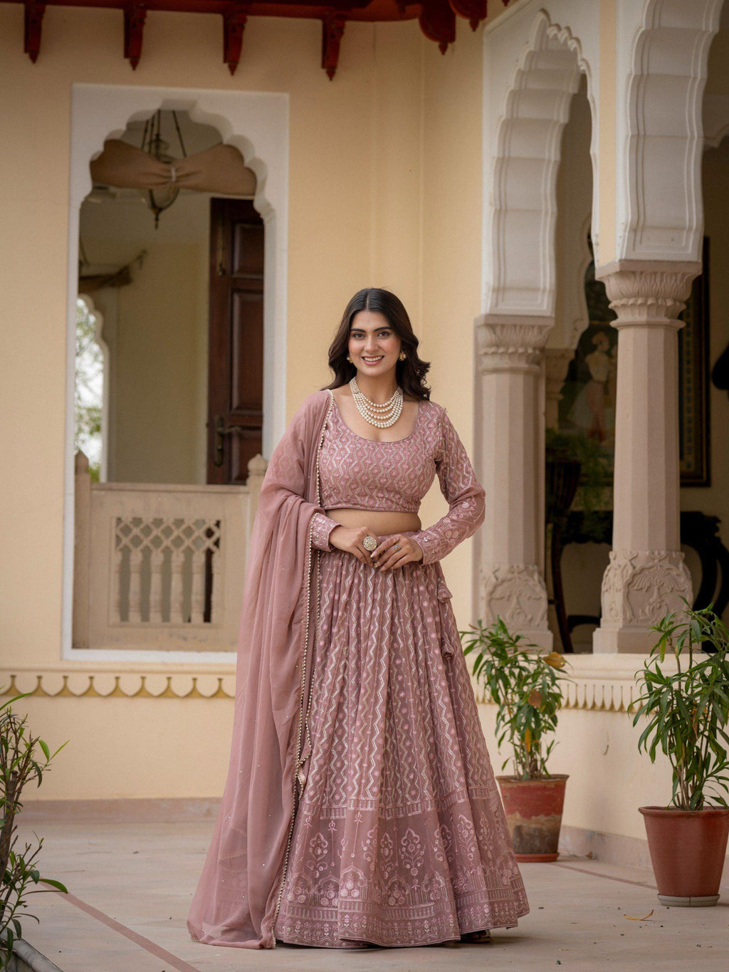 Rosy Brown Embroidered Lehenga Choli Set, Custom Stitched Faux Georgette Traditional Wear