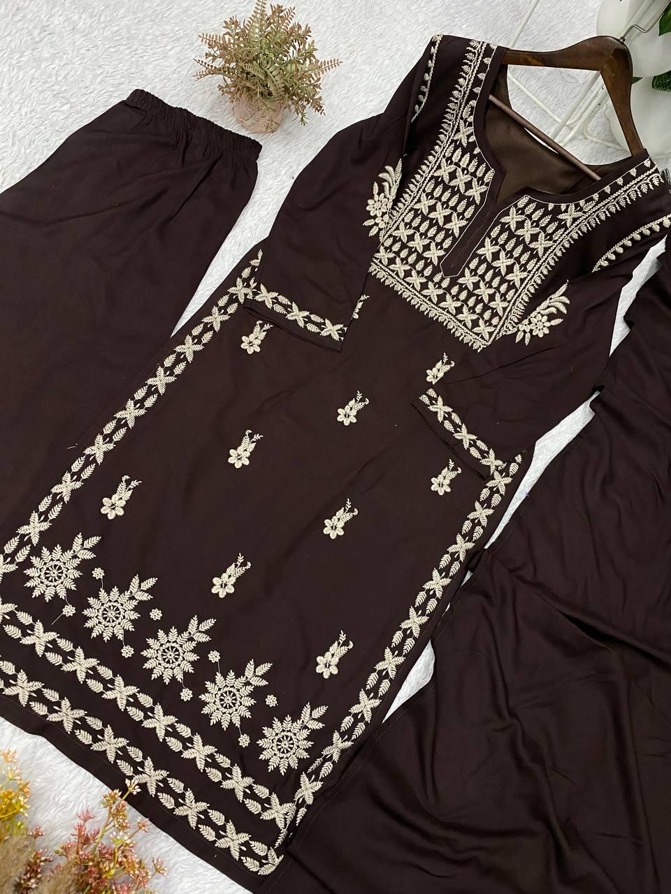 Embroidered Brown Rayon Kurta Salwar Set with Dupatta | Festive Party Wear