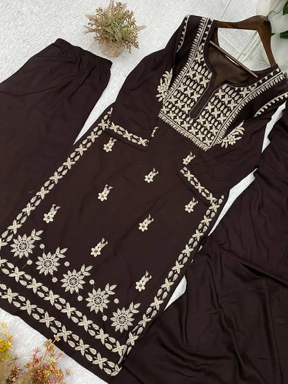 Embroidered Brown Rayon Kurta Salwar Set with Dupatta | Festive Party Wear