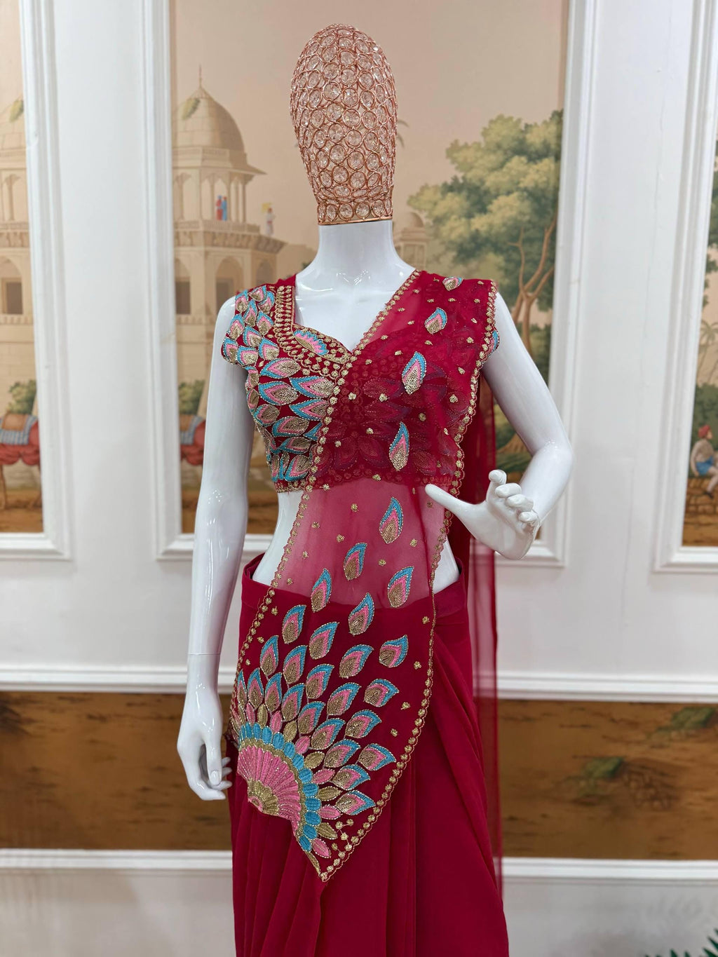 Ready-to-Wear Red Faux Georgette Saree with Sequin Work