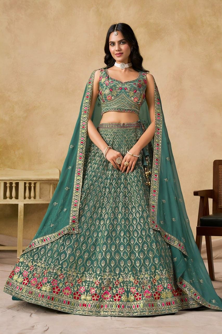 Designer Indian Wedding Lehenga Choli: Mint Green Georgette Embroidery (Made To Order) Customize Size