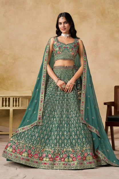 Designer Indian Wedding Lehenga Choli: Mint Green Georgette Embroidery (Made To Order) Customize Size