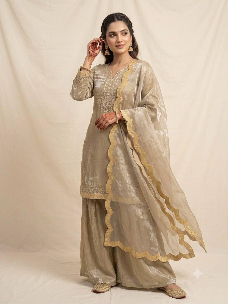 Indian Festival Designer Beige Gold Fendy Silk Sequence Embroidery Work Top, Palazzo & Dupatta Set
